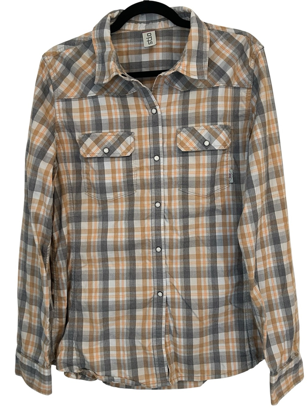 STIO Esther Pearl Snap Button Plaid Shirt Size XL Caramel and Gray Style#1295